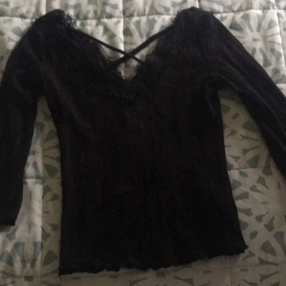 Black Lace-Trim Long Sleeve Women's Top